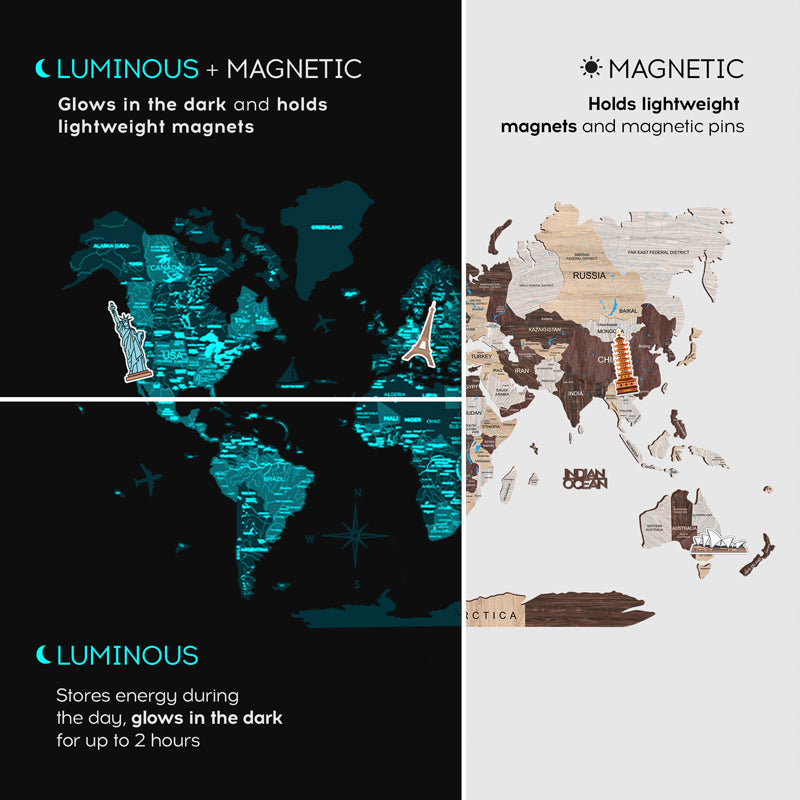 Carte fluo magnétique en bois 3d