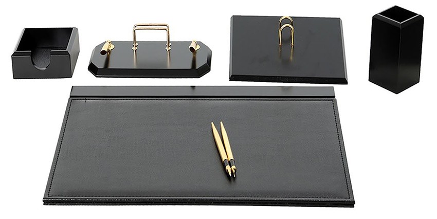 set de bureau cuir et bois coloris noir