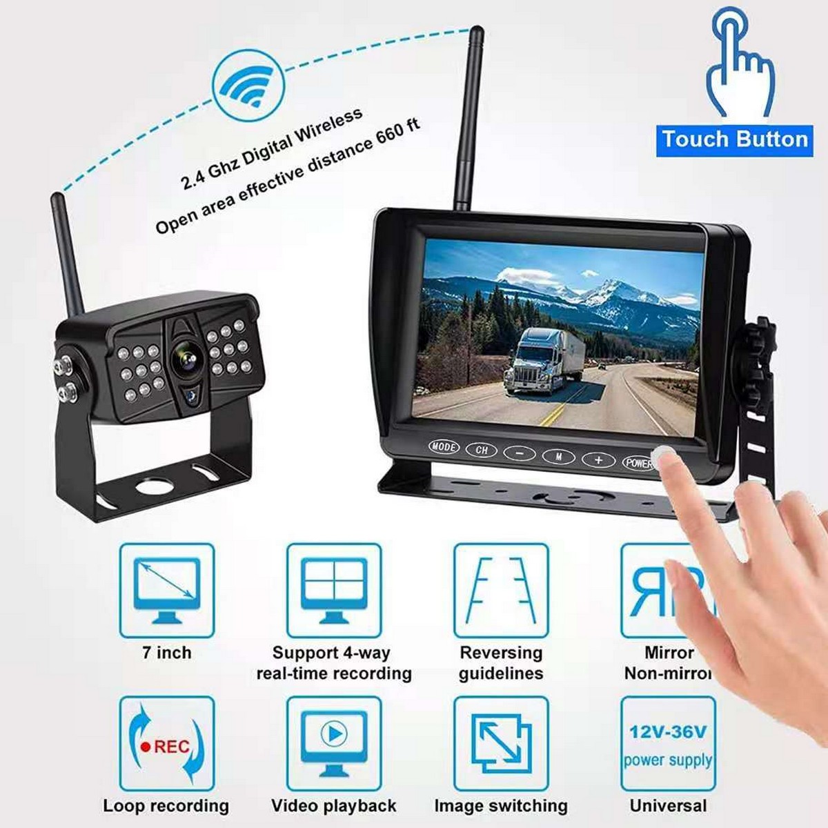 caméra de stationnement sans fil avec moniteur (wifi) pour voiture fourgon camion