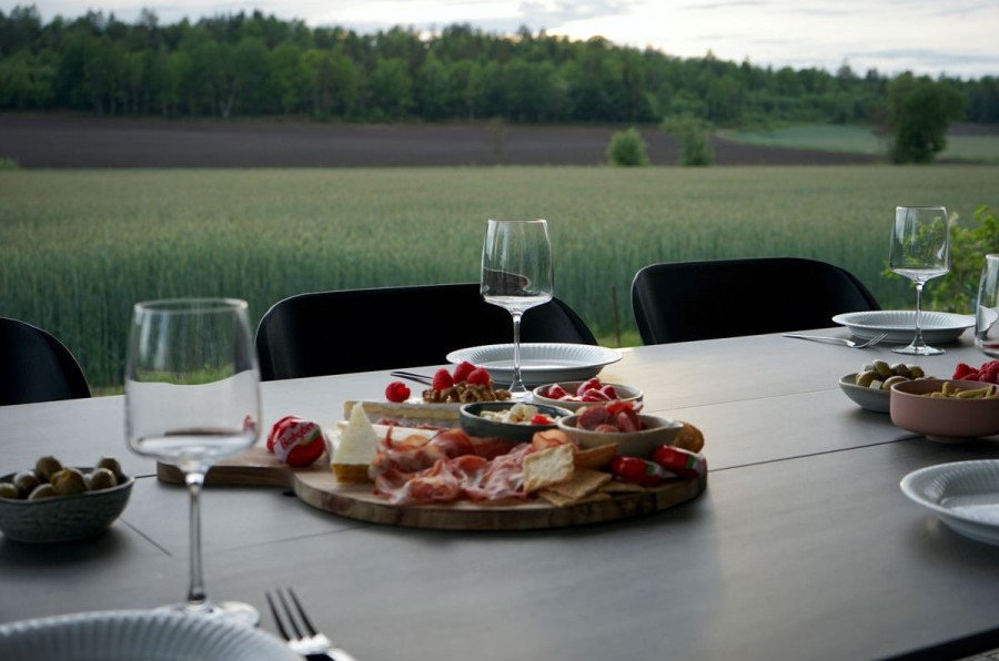 tables avec cheminée sur la terrasse jardin extérieur