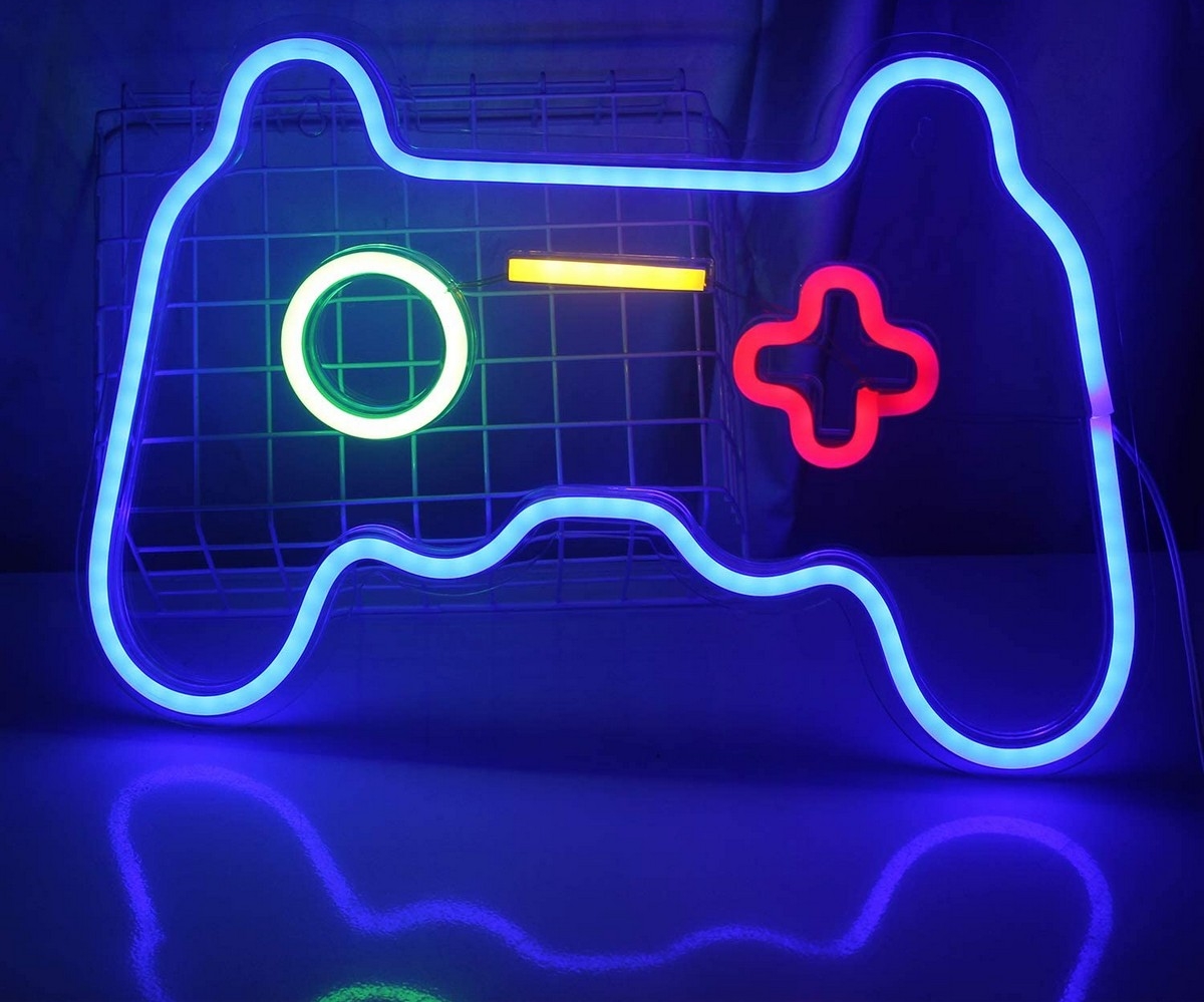 logo néon led sur éclairage mural - manette de jeu