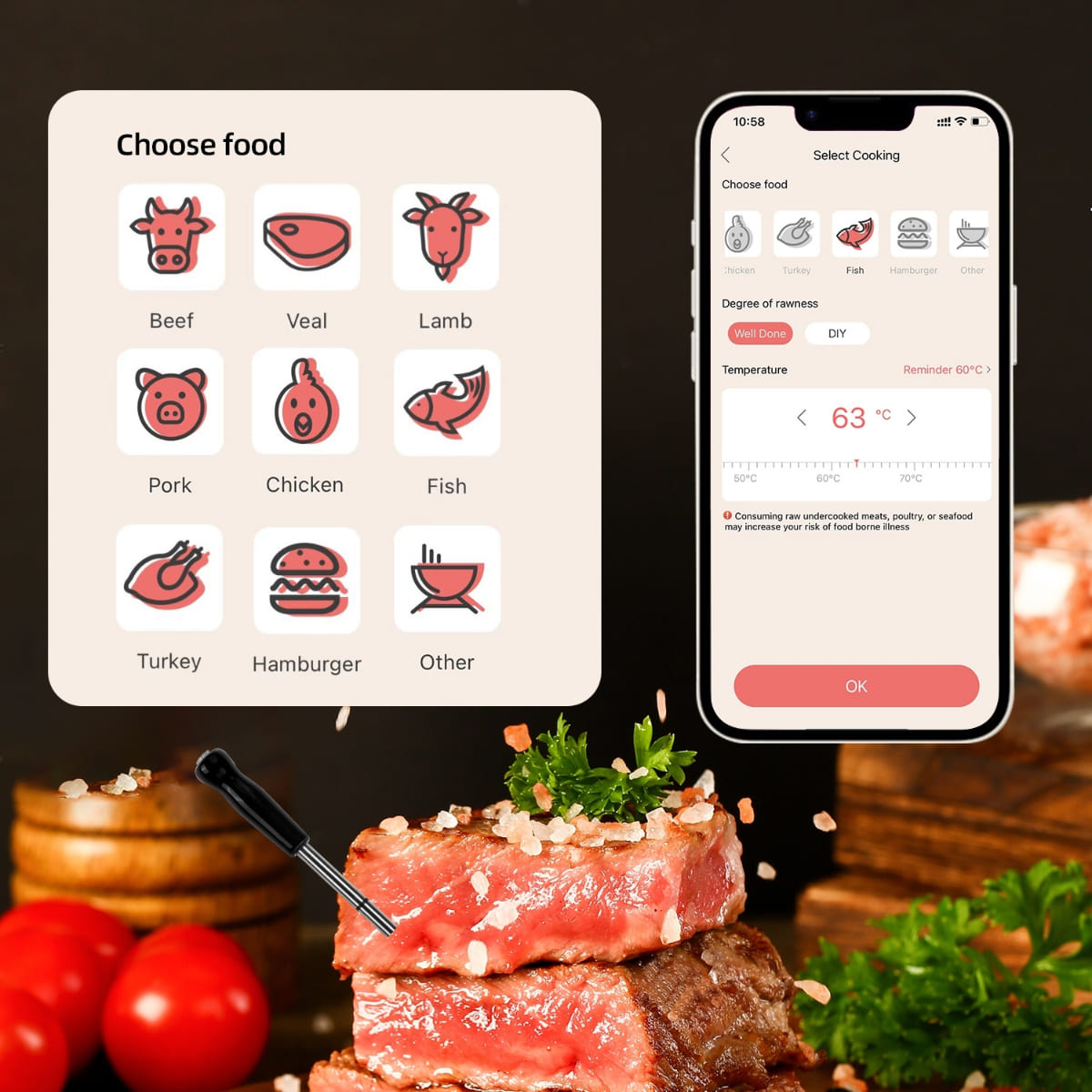 Thermomètre à viande sans fil - application pour téléphone portable